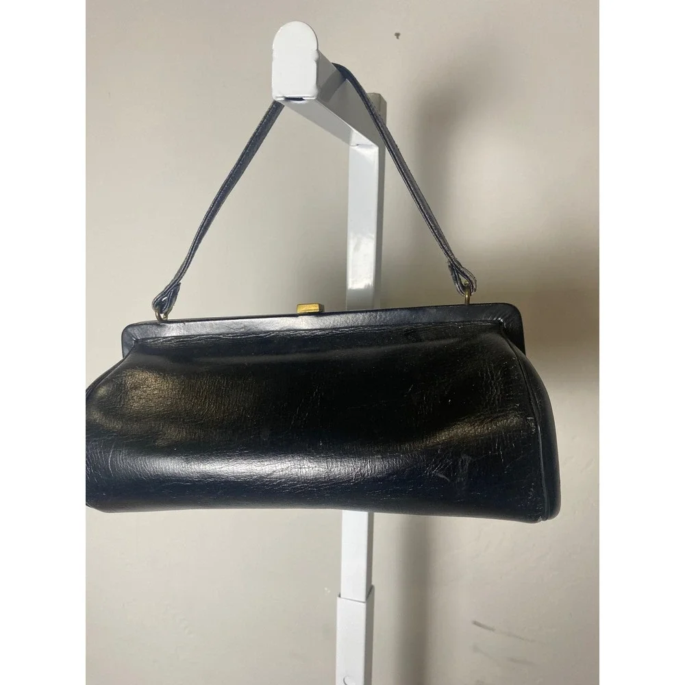 Vintage 50s Black Leather Frame Handbag Mid Century Top Handle Gold Clasp Purse